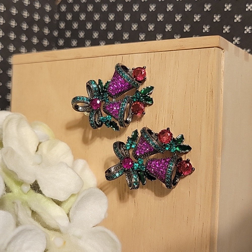 Gunmetal CZ Vintage style Christmas Bells Rhinestone Earrings NWOT